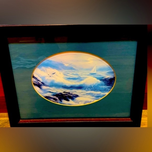 Framed/Matted Vintage Painting/ Print of Ocean, Sailboat  & Seagulls Rough Sea - Picture 1 of 11